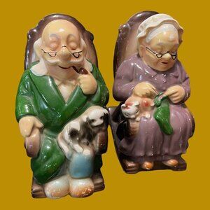 Ceramaster Man & Woman in Rocking Chairs Retirement Fund Piggy Banks Set